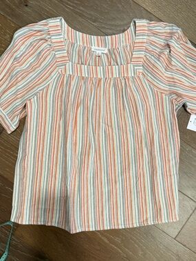 Westbound Striped Square-Neck Blouse in Orange, Cream & Light Blue Loose Fit